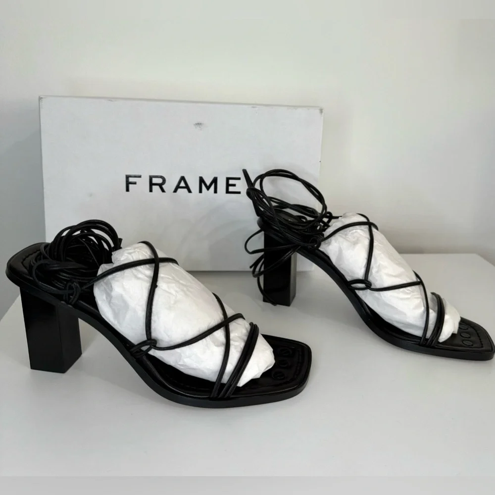 Frame NIB Black Le Doheny Ankle Wrap Leather Heeled Sandals